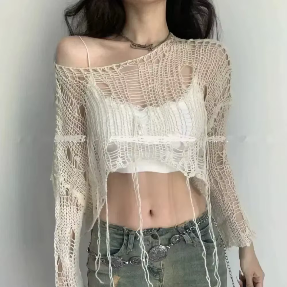 Solide Slash cou Grunge tricoté femmes pull trou déchiré pull haut court Harajuku évider Sexy été pu