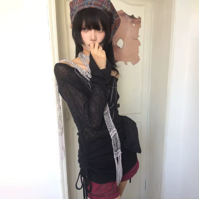 Karrram japonais Y2k hauts tricotés Grunge tatouage imprimé T-shirt à manches longues côtelé Vintage