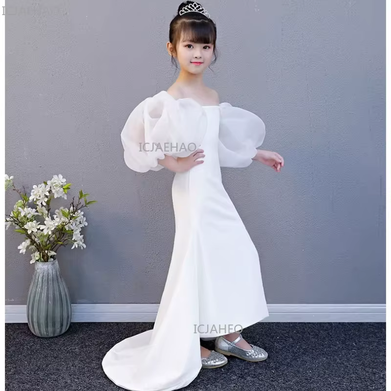 Robe sirène blanche sans bretelles pour filles avec traîne, tenue de cérémonie pour fête, costume de