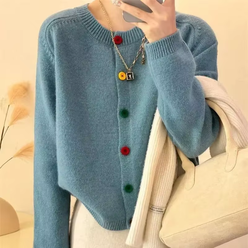 Manteau en tricot à boutons colorés, col rond, doux et frais japonais, Style académique, pull polyva