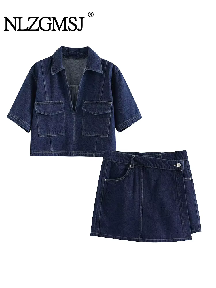2025 mode femme poche à rabat décoration col rabattu court coupe ajustée haut en jean + jupe en jean