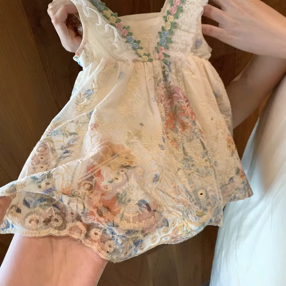 Mode 2-7 ans fille imprimer dentelle sans manches gilet princesse robes été Beige fleur enfants vête