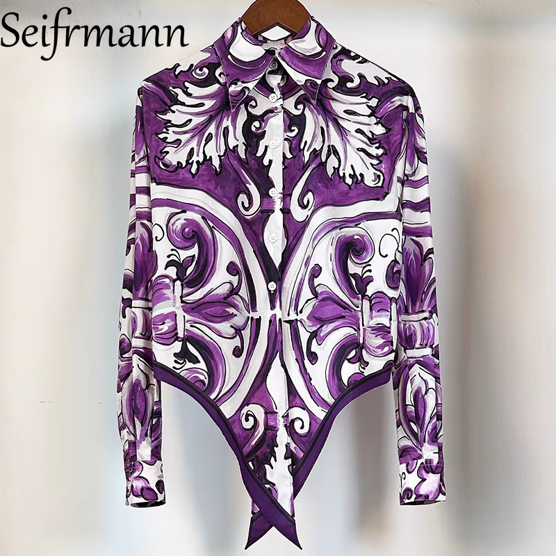 Seifrmann élégant femmes hauts col rabattu simple boutonnage à manches longues mode imprimé chemise 