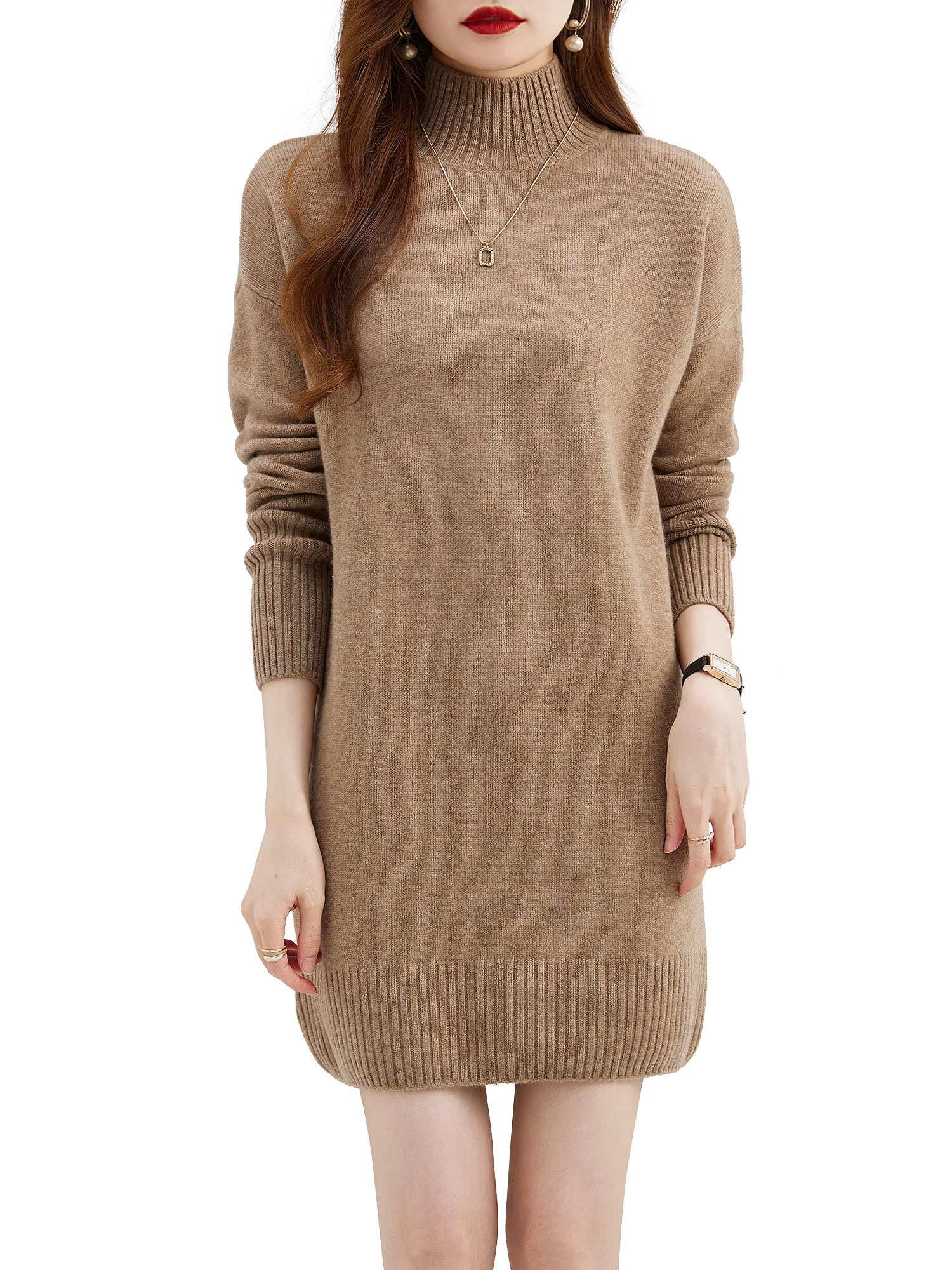 Pull à col roulé femmes pulls 100% laine mérinos longue robe pull automne hiver chaud à manches long