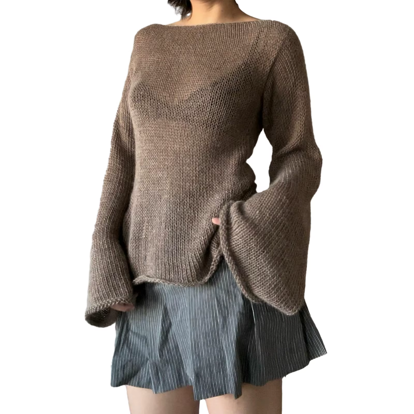 Mode femmes T-shirt cravate dos chandails à manches longues col bateau couleur unie tricot pull déco
