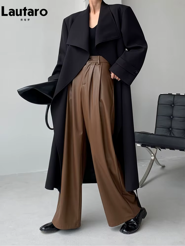 Lautaro-Pantalon à jambes larges en cuir PU pour femme, décontracté, fluide, doux, noir, marron, tai