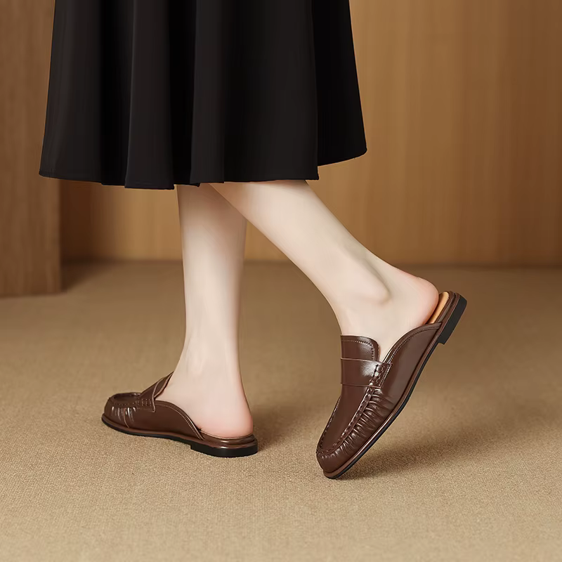 Sandales à enfiler pour femmes 2026 en cuir de vachette véritable, style rétro, confortables, taille