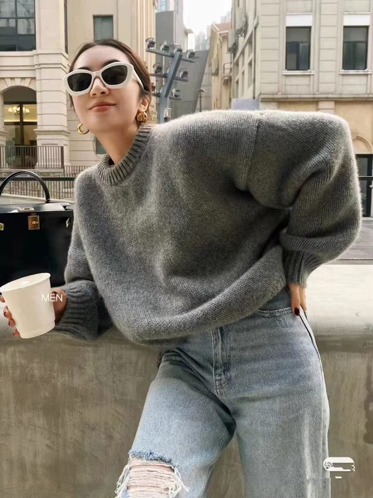 Pull haut de gamme 100% pur cachemire pour femme, ample, doux, cireux, vent paresseux, col rond, épa