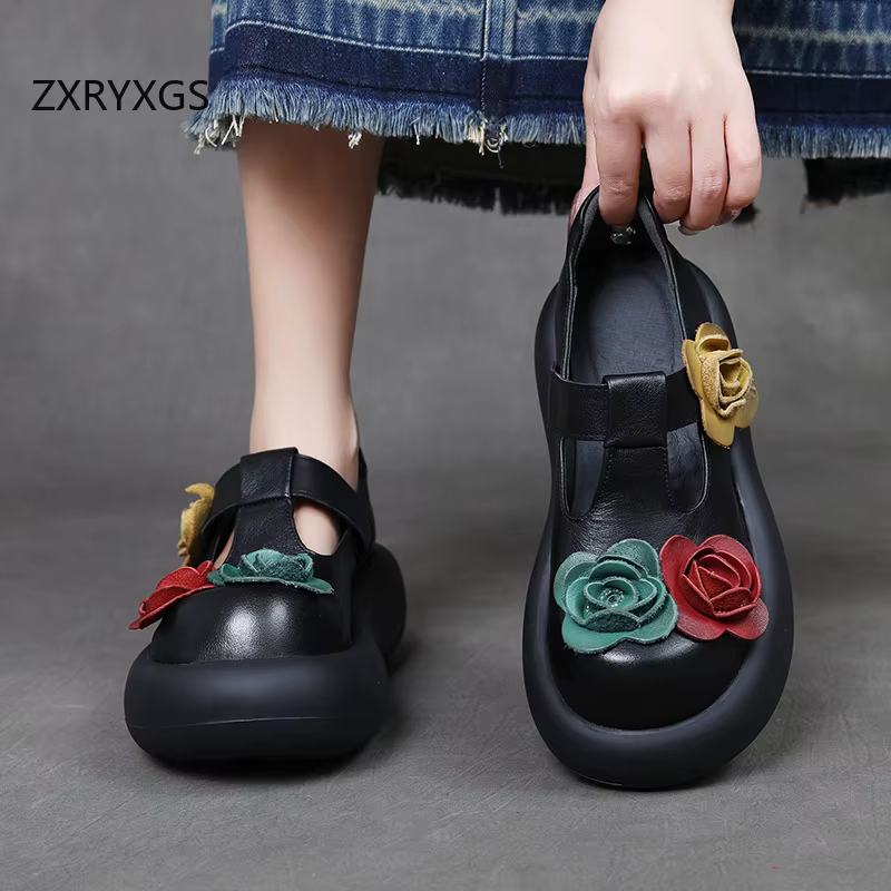 ZXRYXGS 2025 classique rétro haut peau de vache à la main fleur femmes chaussures à la mode plate-fo