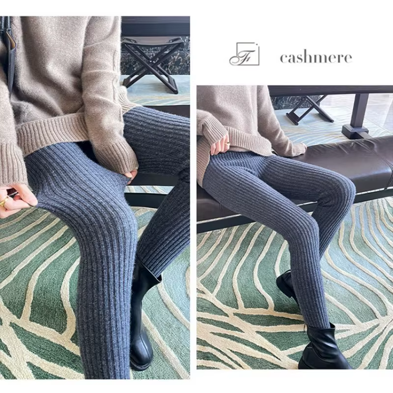 Leggings Slim automne femmes taille haute pantalon décontracté tricoté côtelé épaissir solide élasti