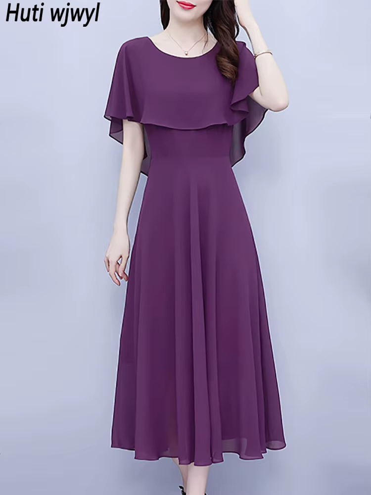 Robe longue d'été en mousseline de soie, à volants, décontractée, plage, vacances, élégante, moulant