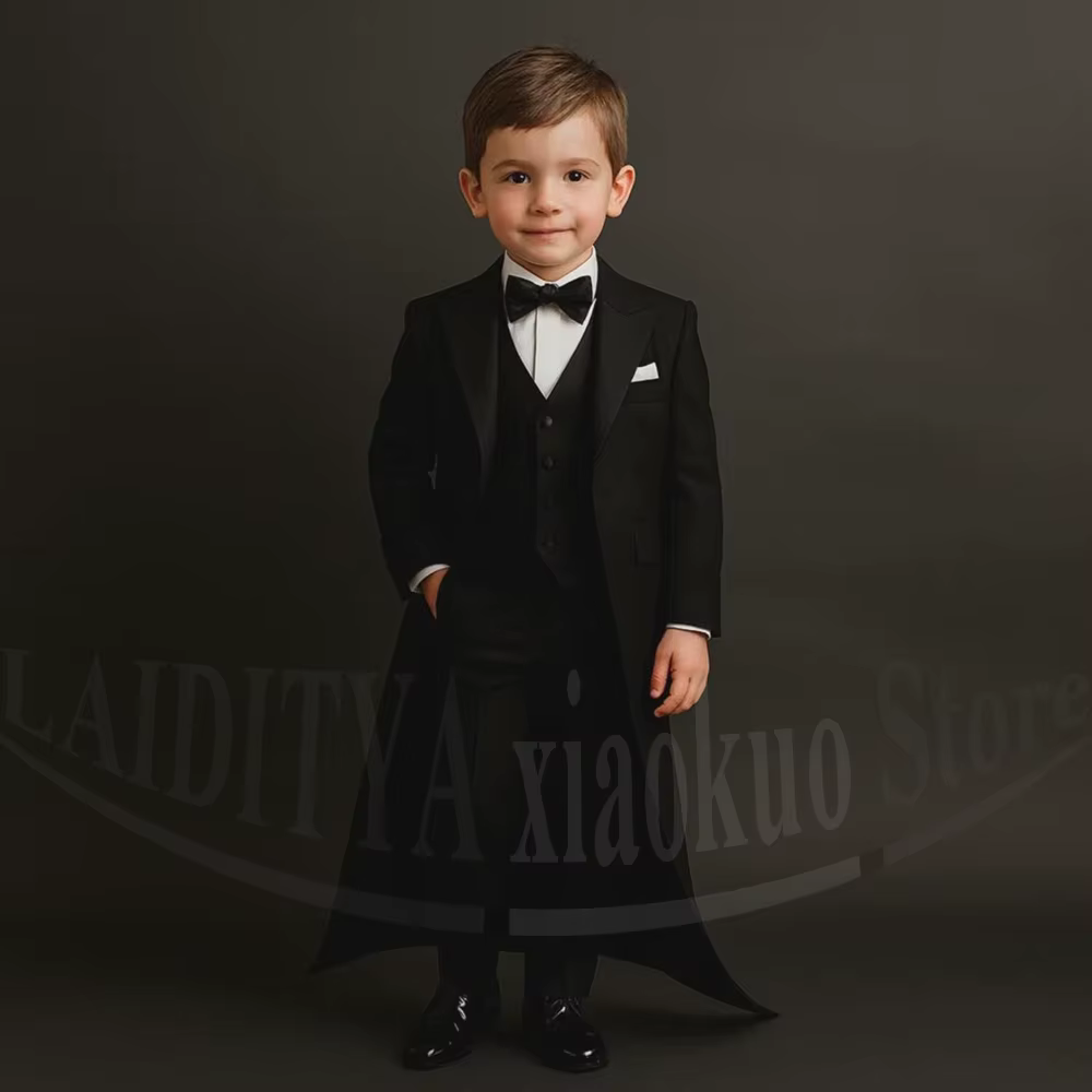 Costume de smoking noir formel pour enfants, ensemble 3 pièces pour garçons, mariage, concours, fête
