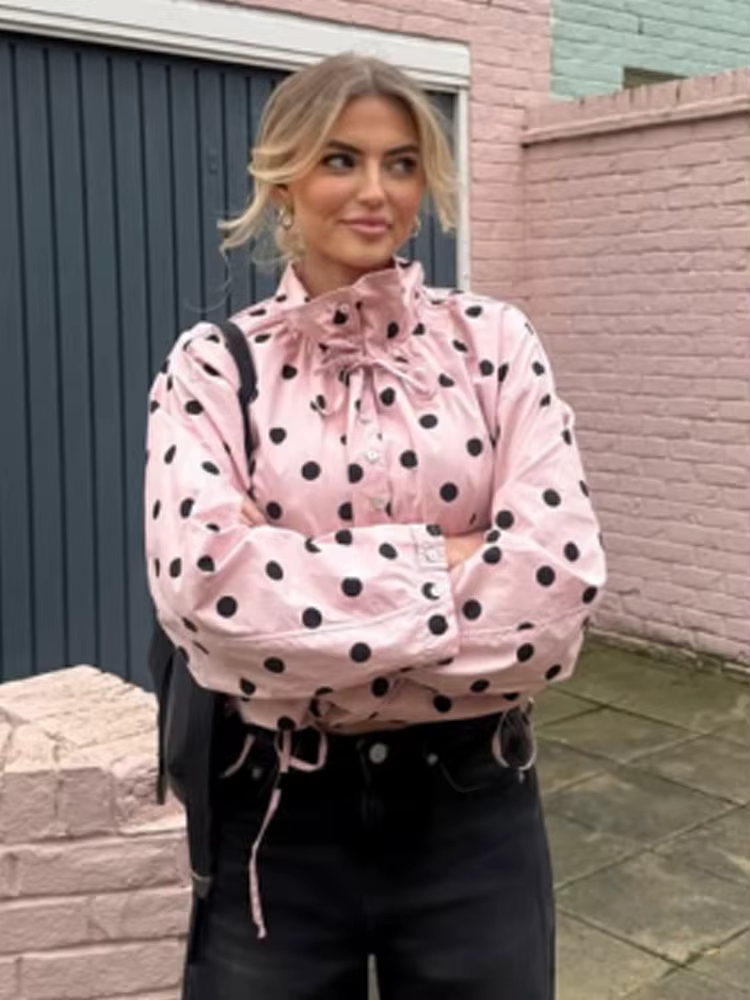 Vestes roses à pois pour femmes TFMLN, nouvelle mode printemps, imprimées, coupe ample, col montant,