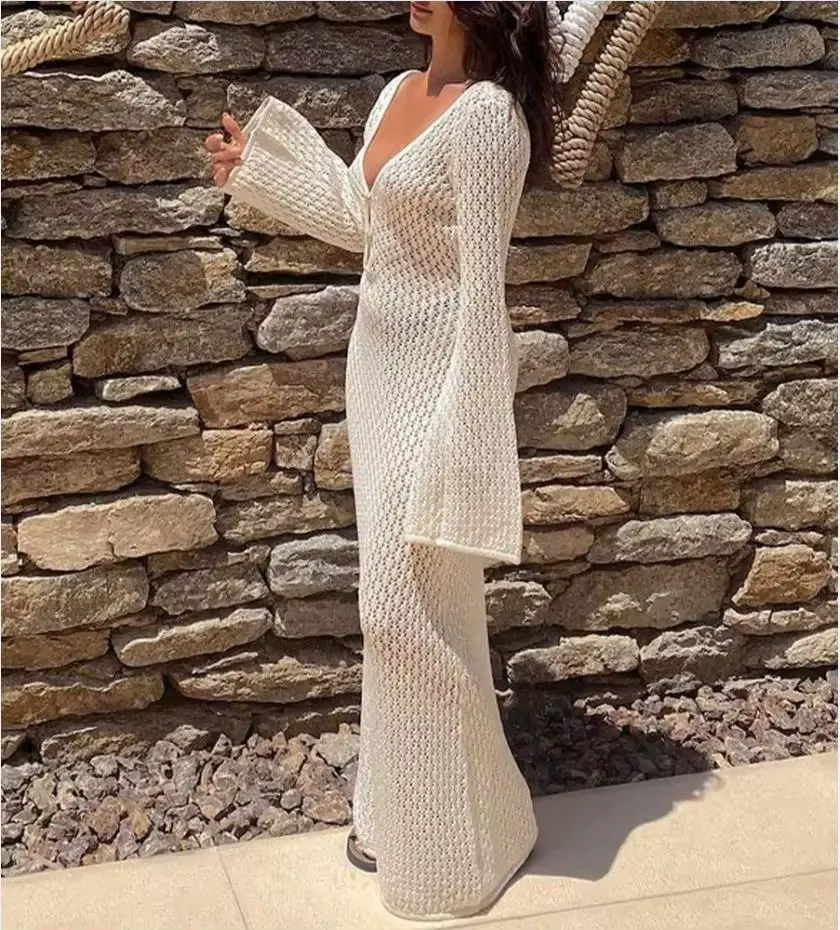 Robe de plage longue en tricot pour femmes, Sexy, ajourée, décolleté en v profond, manches longues,