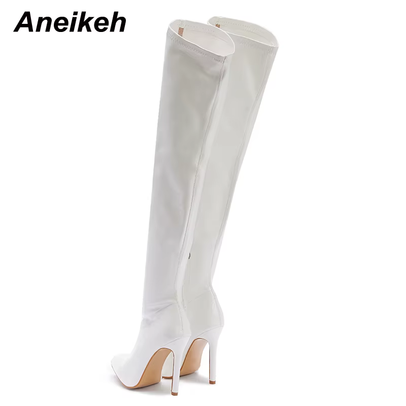 Aneikeh blanc Sexy sur le genou côté fermeture éclair sans lacet bout pointu chaussures nouvelle mod