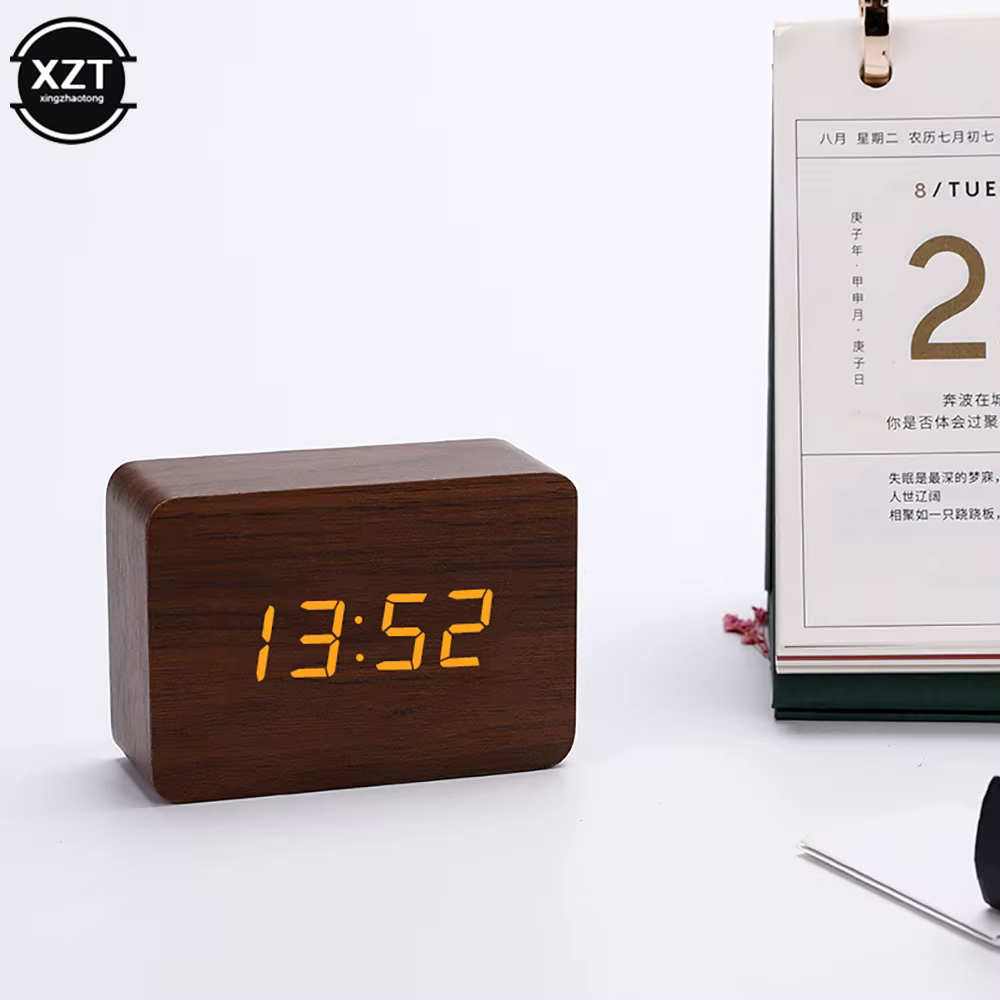 Réveil de mode LED montre en bois Table commande vocale numérique bois Despertador USB/AAA alimenté 