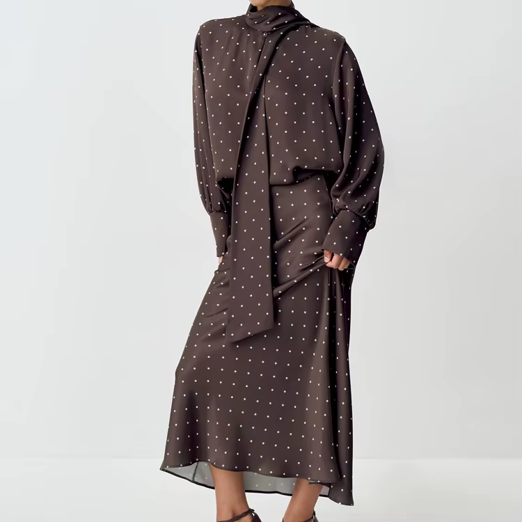 Ensemble jupe deux pièces en Satin imprimé à pois, chemise à manches longues à lacets + jupe mi-long