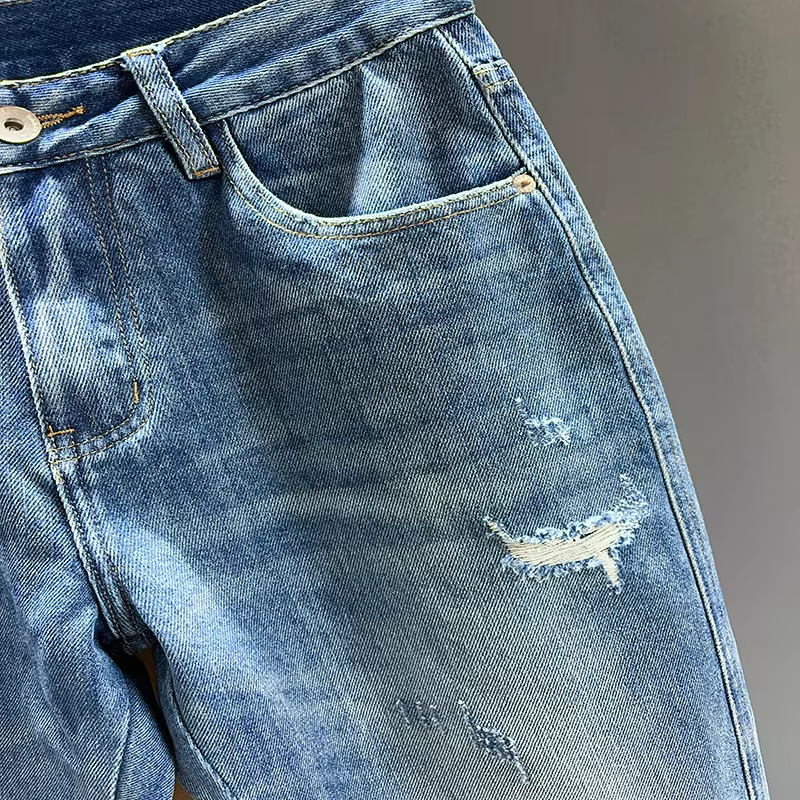 Jean Déchiré à Trous Coniques pour Homme, Denim Effiloché, Vintage, Décontracté, Bleu, Nouvelle Coll