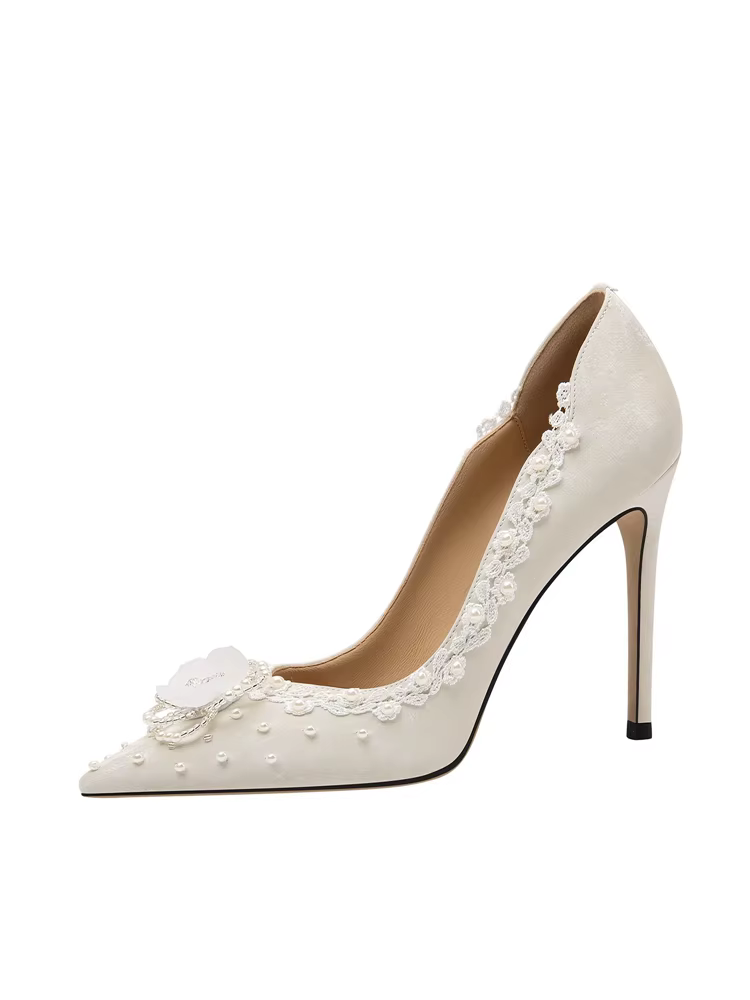 Printemps nouveau bout pointu dentelle peu profonde perle fleur tissu chaussures de mariage mince ta