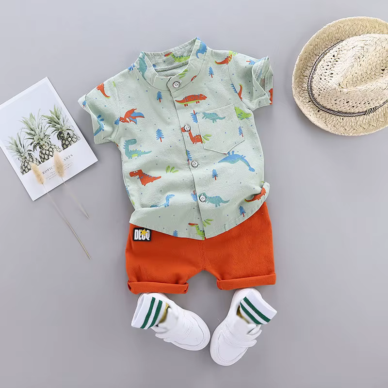 Ensemble 2 pièces pour nourrissons et tout-petits, chemise à col montant et manches courtes, imprimé