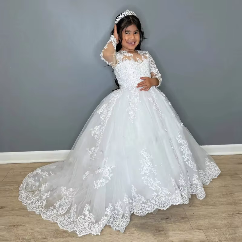 Robe de soirée blanche pour enfants 2026Sleeve Performance Host Birthday Kids, longue, style tutu, a