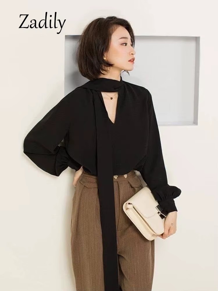 Dignily-Chemisier noir en mousseline de soie pour femme, chemise à manches longues, col en V, vêteme
