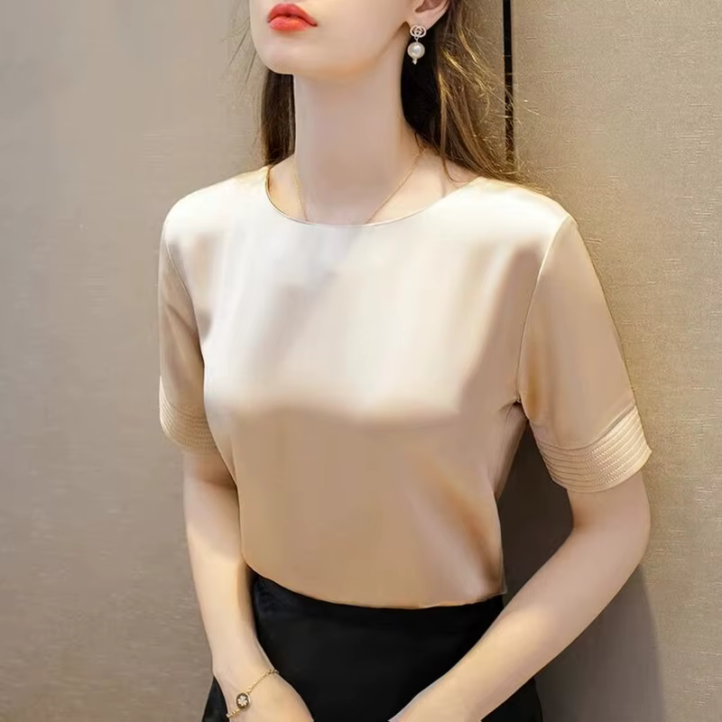 Acétate Satin t-shirts pour femmes de haute qualité dames décontracté élégant soie satin blouse été