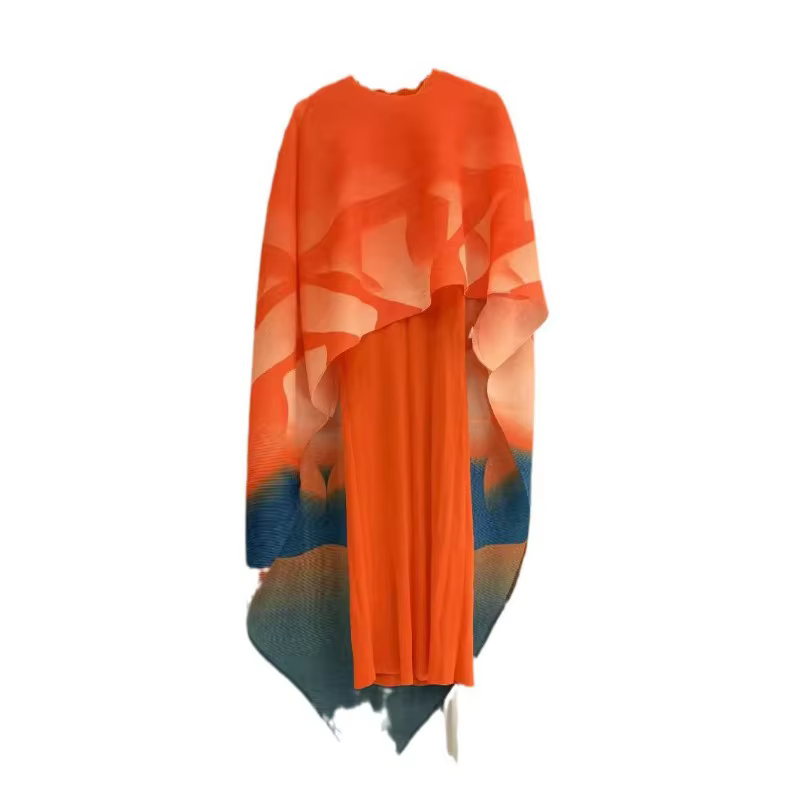 Ata Yake-Jupe longue et élégante pliée pour femmes, jupe de tempérament, châle imprimé à col rond, e