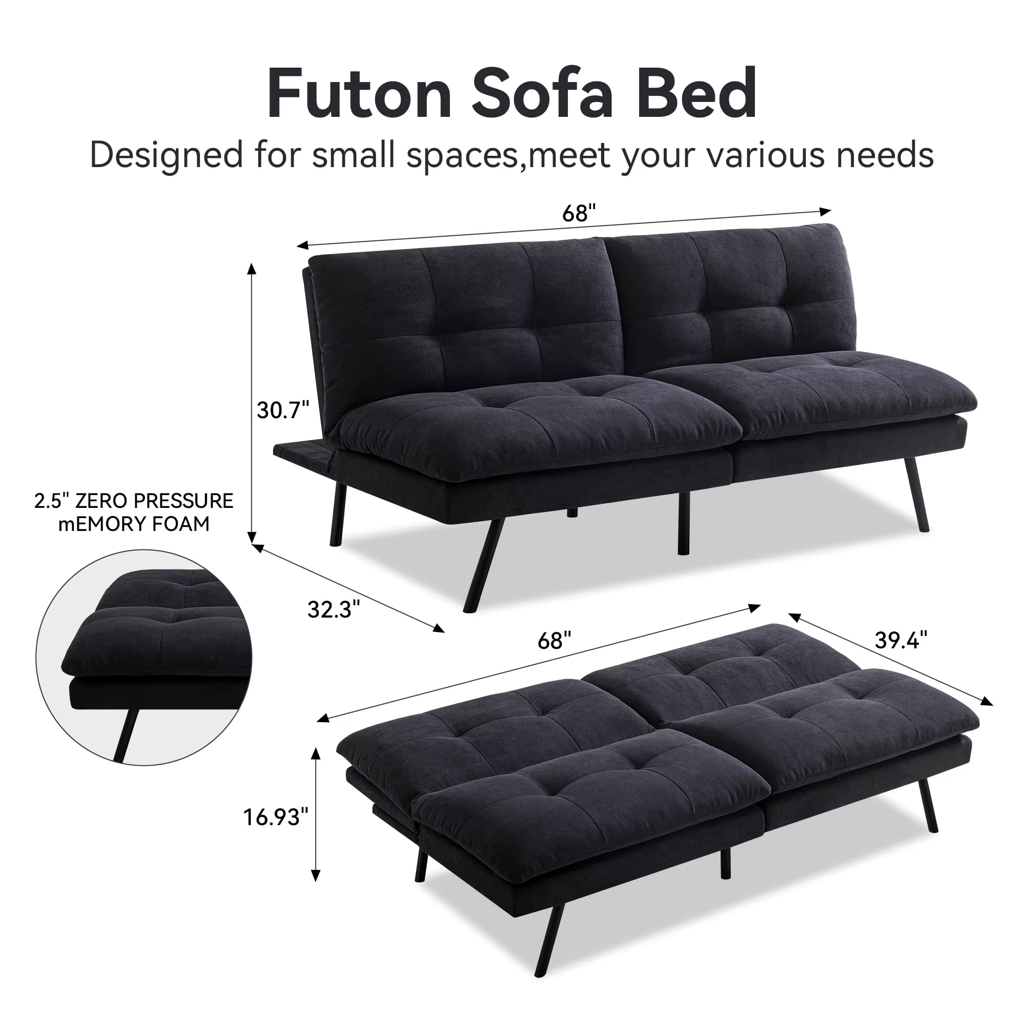 Hcore-Canapé-lit en mousse à mémoire de forme, sofa convertible, causeuse noire pour petits espaces,