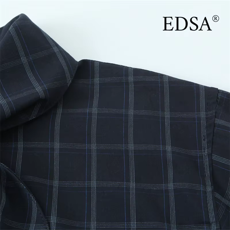 EDSA chemise à carreaux bleu marine pour femmes avec poche carrée pour bureau dame simple boutonnage