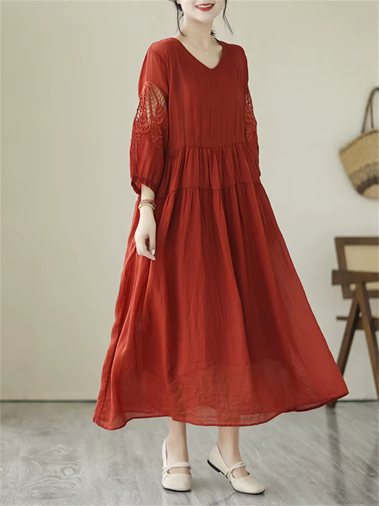 Robes d'été vintage de couleur unie pour femmes 2026 – Robe longue décontractée et respirante, éléga