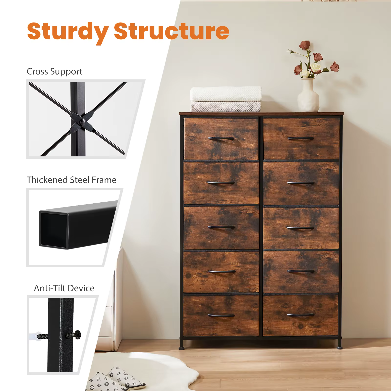 JHK Table de chevet pour chambre à coucher avec 10 tiroirs en tissu armoire cadre en acier placard p