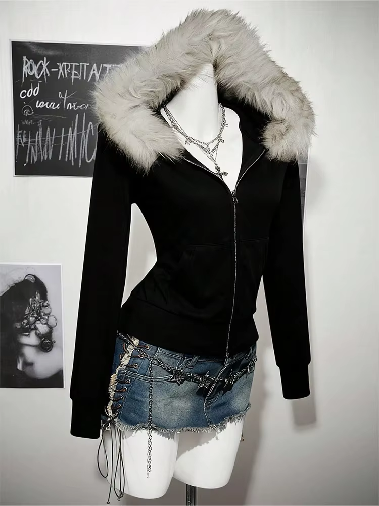 Y2K – sweat à capuche gothique Harajuku pour femmes, Sexy, Slim, Chic, col en fourrure en daim, lett