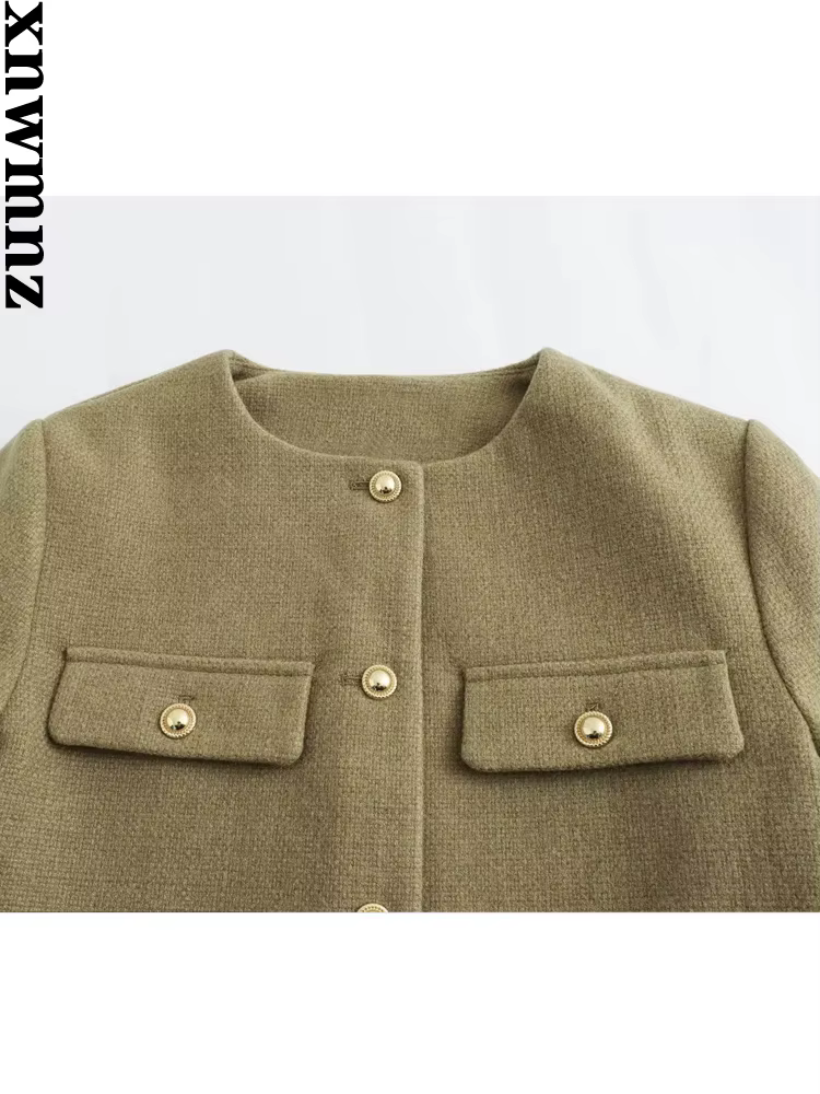 XNWMNZ-Veste courte vintage à col rond pour femme avec poche à rabat, blazer femme polyvalent, manch