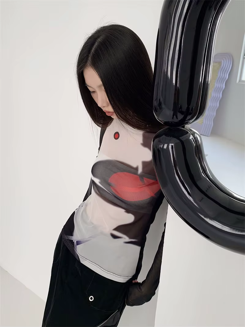CHEERART – t-shirt manches longues pour femmes, haut en maille, transparent, graphique, à la mode, p