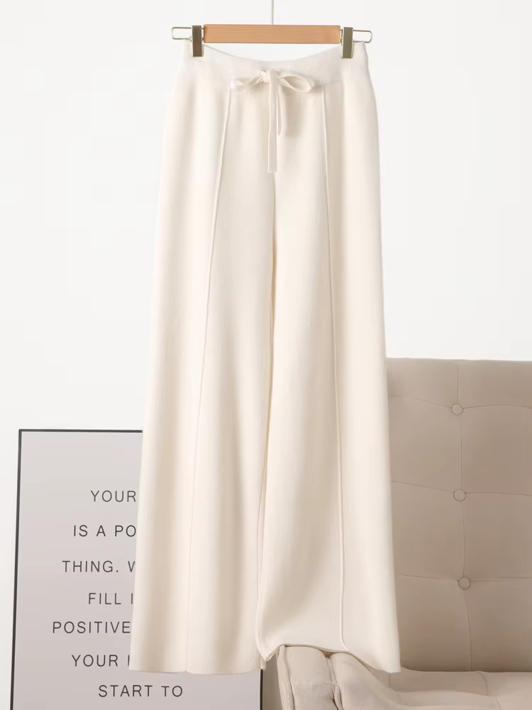 Pantalon tricoté en laine mérinos pour femme, jambes larges, basique, doux et chaud, en cachemire, d