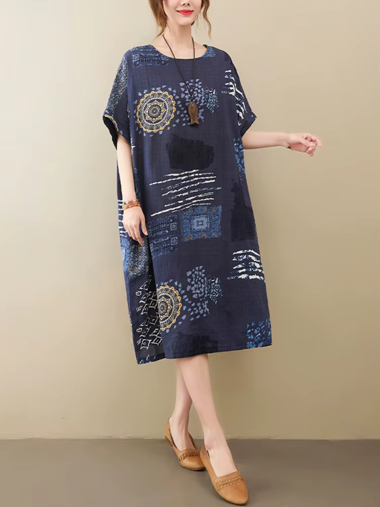 Robes d'été décontractées mi-longues en coton et lin à imprimé vintage pour femmes 2026 – Nouvelle c
