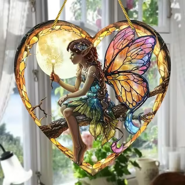 1 pièces fée magique nuit fée capteur de soleil vitrail acrylique coeur tenture murale pour la maiso