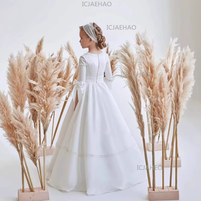 Nouvelle Robe de Cérémonie 2026 pour Enfants à Manches Courtes avec Nœud, Tenue de Fête d'Anniversai