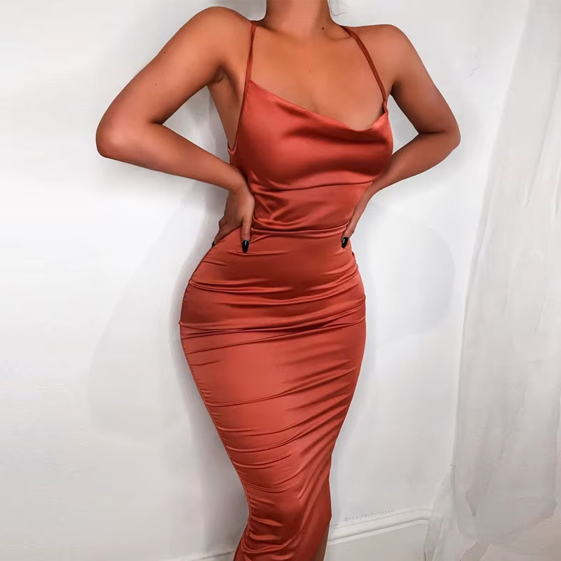 Robe longue mi-longue en satin néon pour femmes, rose clair, moulante, dos nu, élégante, sexy, pour 