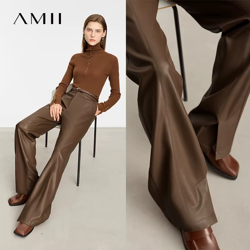 AMII minimaliste en cuir PU pantalons décontractés pour les femmes 2025 automne nouveau ample longue