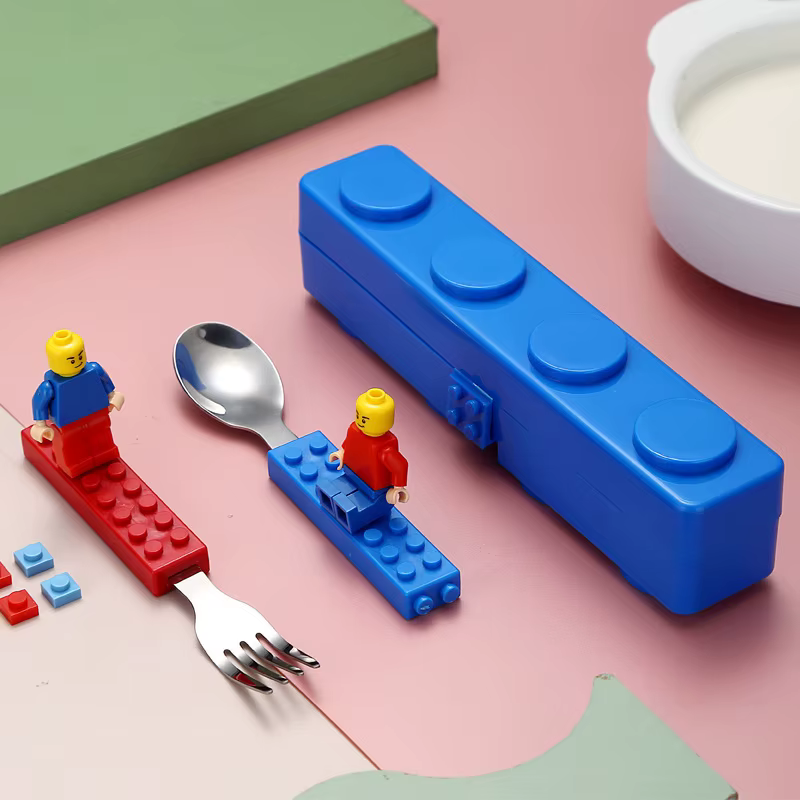 304 inoxydable enfants drôle fourchette cuillère ensemble enfants bloc de construction jouets dessin