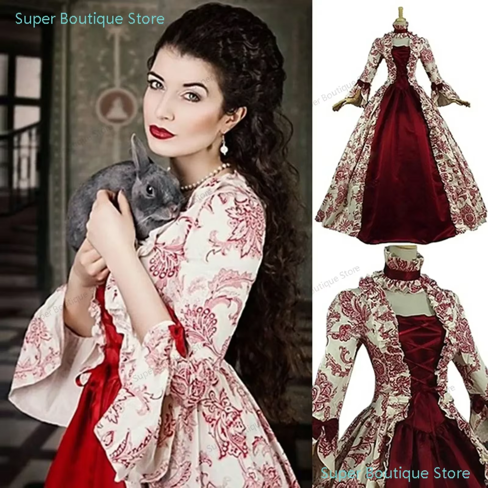 Femmes à lacets robe longue médiévale volants arc Vintage victorien carnaval Maxi Patchwork Floral f
