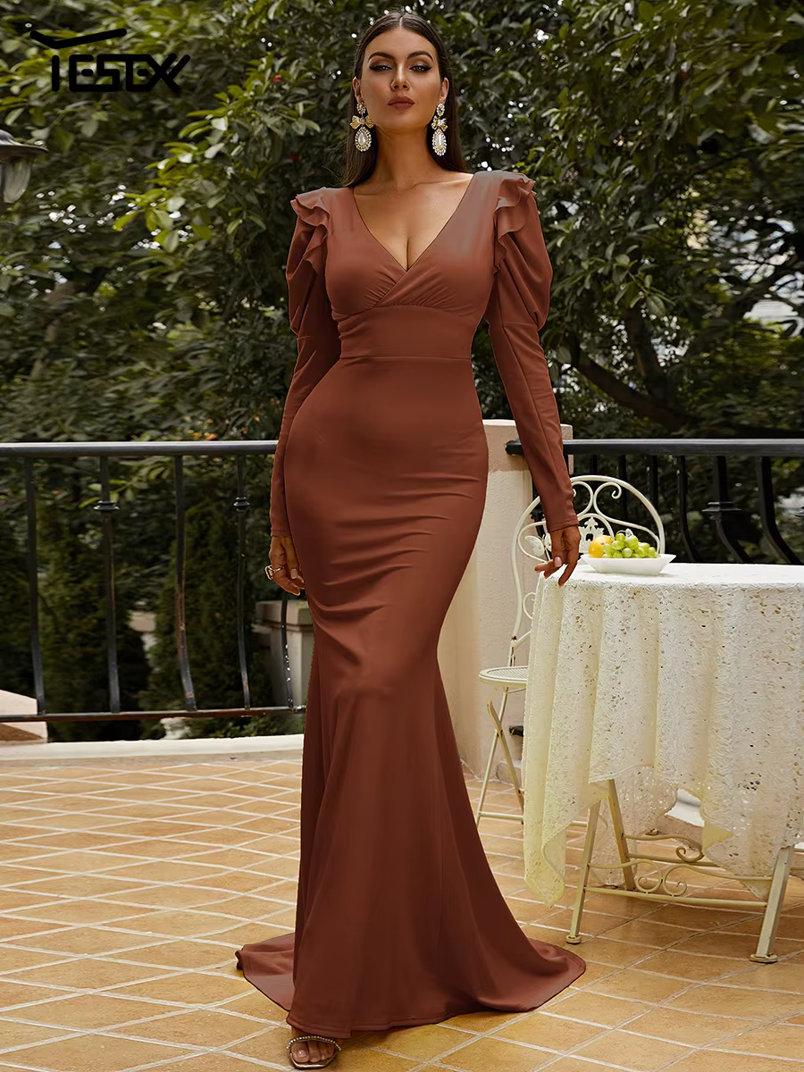Yesexy-Robe de Rhsirène marron pour femme, manches longues bouffantes, tendance estivale, 2023