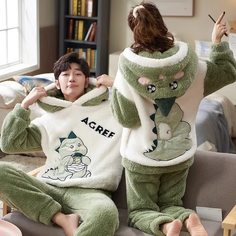 Couples Pyjamas femmes hommes hiver épaissir Pyjamas vêtements de nuit dessin animé dinosaure coréen