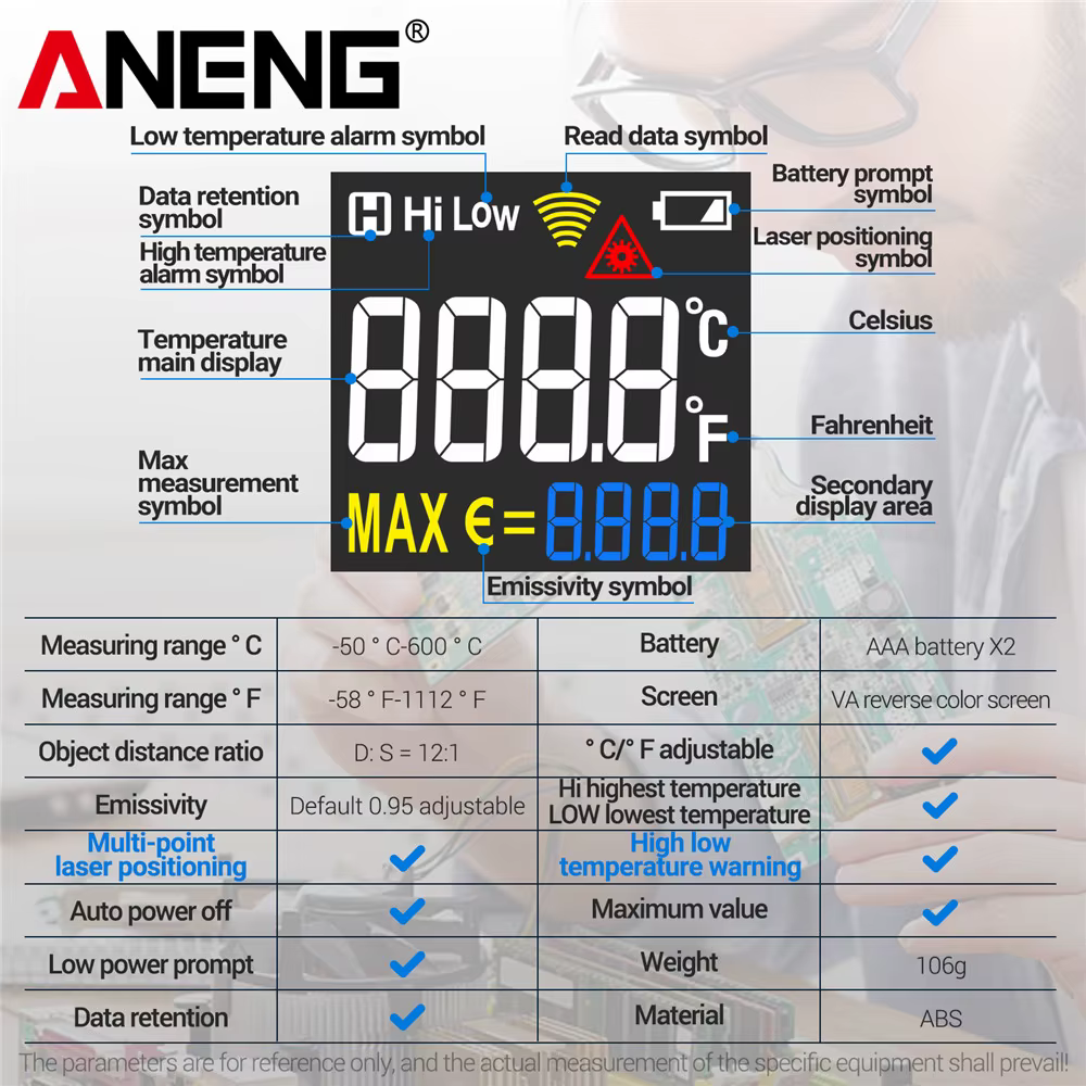 Thermomètre infrarouge -50~600 ℃ Compteur de température numérique, testeur de pyromètre sans cont