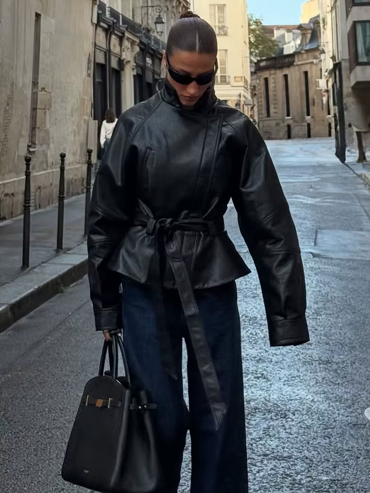 HH femmes Vintage moto veste avec ceinture Faux cuir Trench manteau à manches longues revers veste à