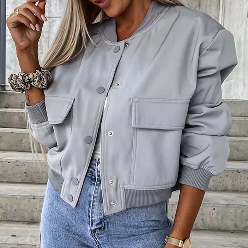 Veste Courte à Poches et Col Rond pour Femme, Manteau à Manches sulf, Décontracté, à Simple Boutonna