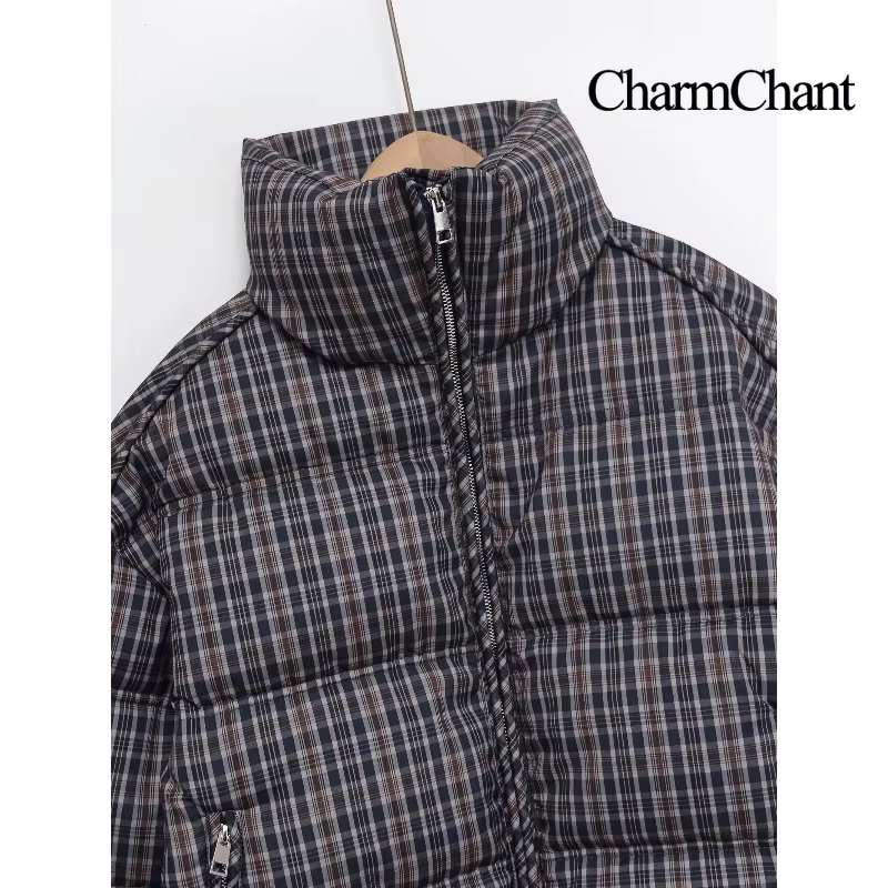 CharmChant col montant Plaid doudoune pour femmes hiver 2025 rembourrage manteau femme nouveau en ma