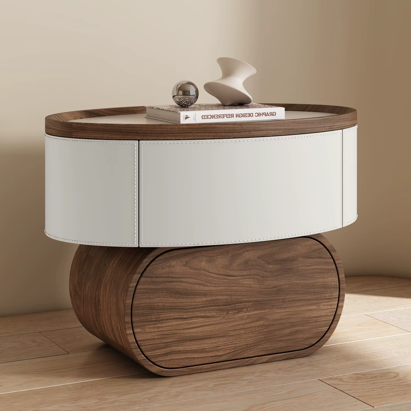 Table de chevet en bois massif et cuir, meuble design pour salon, armoire de rangement pour chambre 
